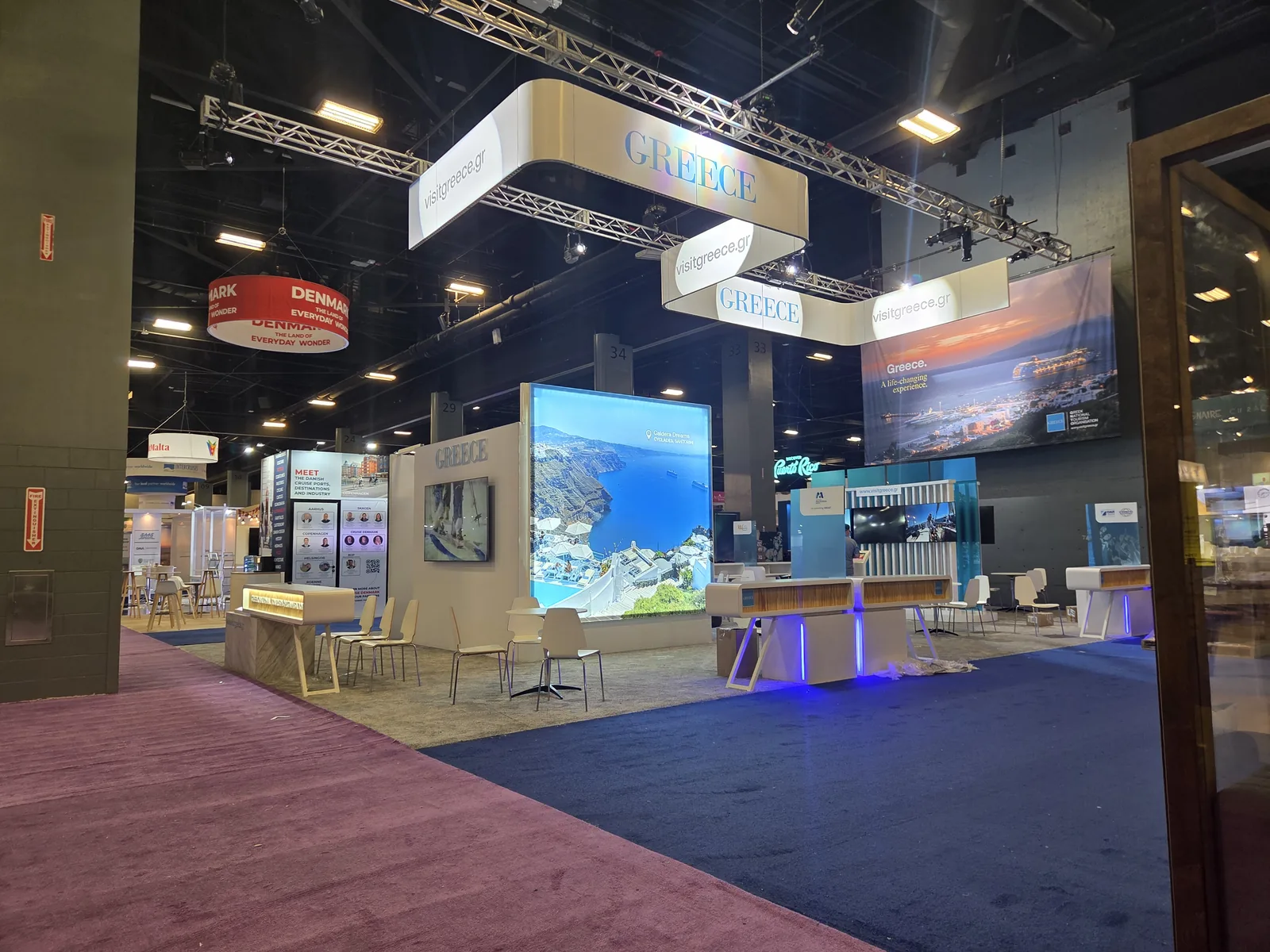 The Greece pavilion at Seatrade Cruise Global, seen early in the morning before the show floor opened.
